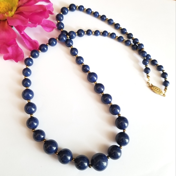 Vintage blue stone bead necklace gold tone Lapis Lazuli? Elegant boho - Picture 1 of 16
